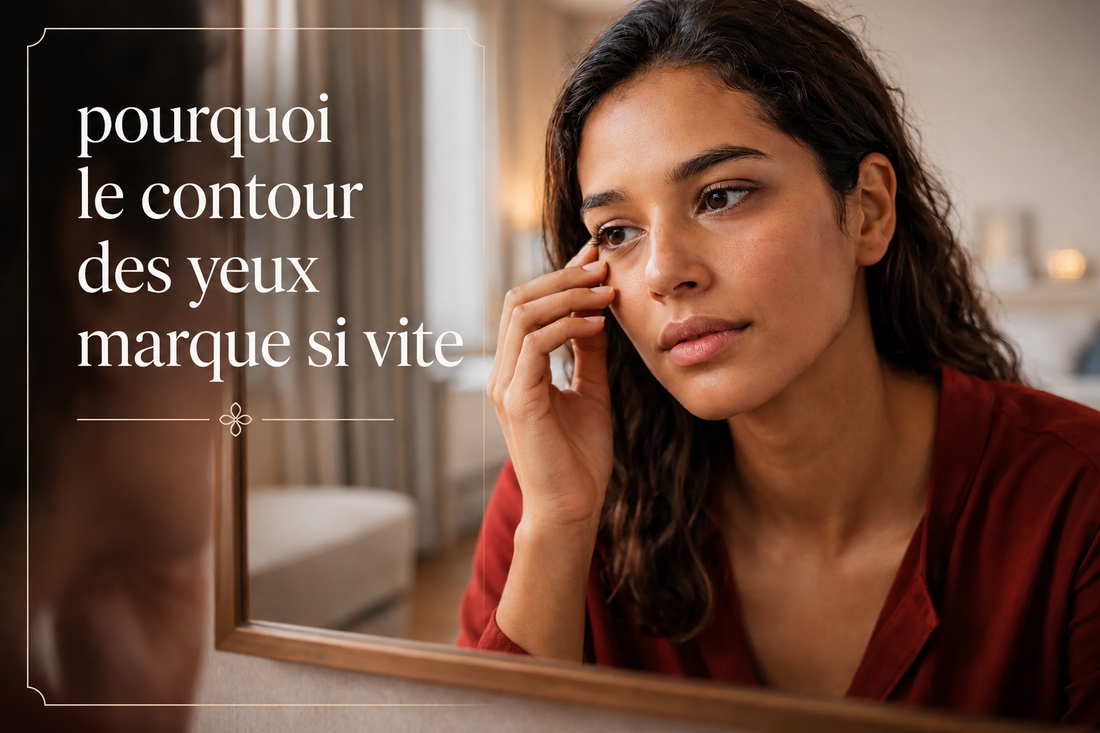 Femme observant son contour des yeux dans un miroir, regard marqué par des cernes légers et une fatigue visible, illustration des signes précoces du contour des yeux