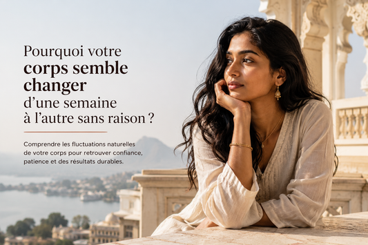 Femme indienne en extérieur observant au loin dans un décor lumineux et élégant, illustrant les fluctuations naturelles du corps d’une semaine à l’autre.