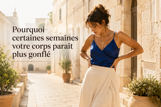 Femme italienne élégante dans une rue en pierre claire en Italie, portant un haut bleu roi et une jupe crème, illustrant les variations du corps et la sensation de gonflement selon les semaines.