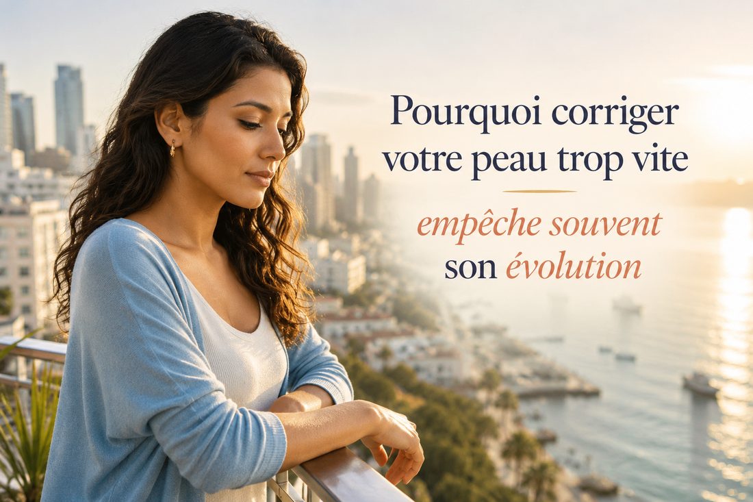 Femme observant sa peau avec réflexion face à une vue lumineuse, illustrant l'importance de comprendre les signaux cutanés avant de corriger sa peau trop rapidement.