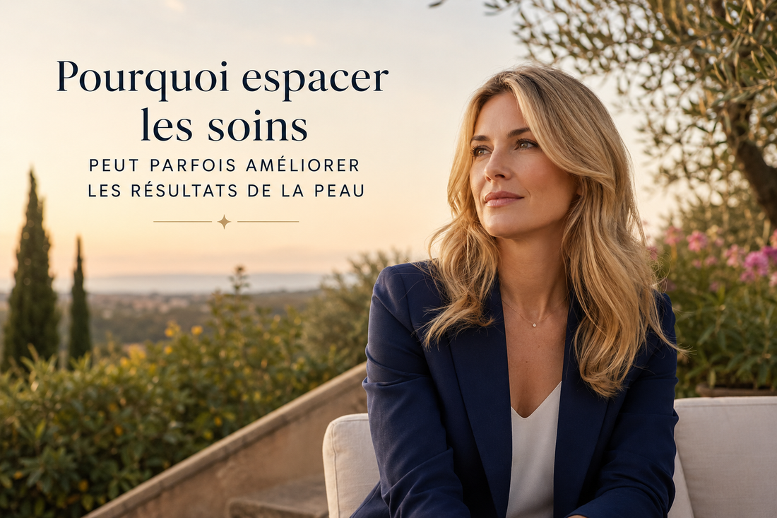 Pourquoi espacer les soins peut parfois améliorer les résultats de la peau – femme blonde élégante dans un jardin méditerranéen, routine visage et récupération cutanée.