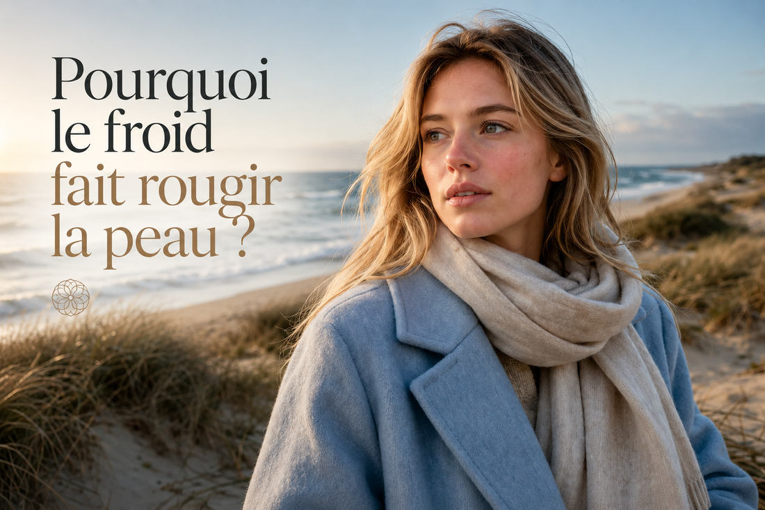 Femme sur une plage venteuse en hiver avec légère rougeur naturelle sur les joues illustrant la réaction de la peau au froid et aux variations de température
