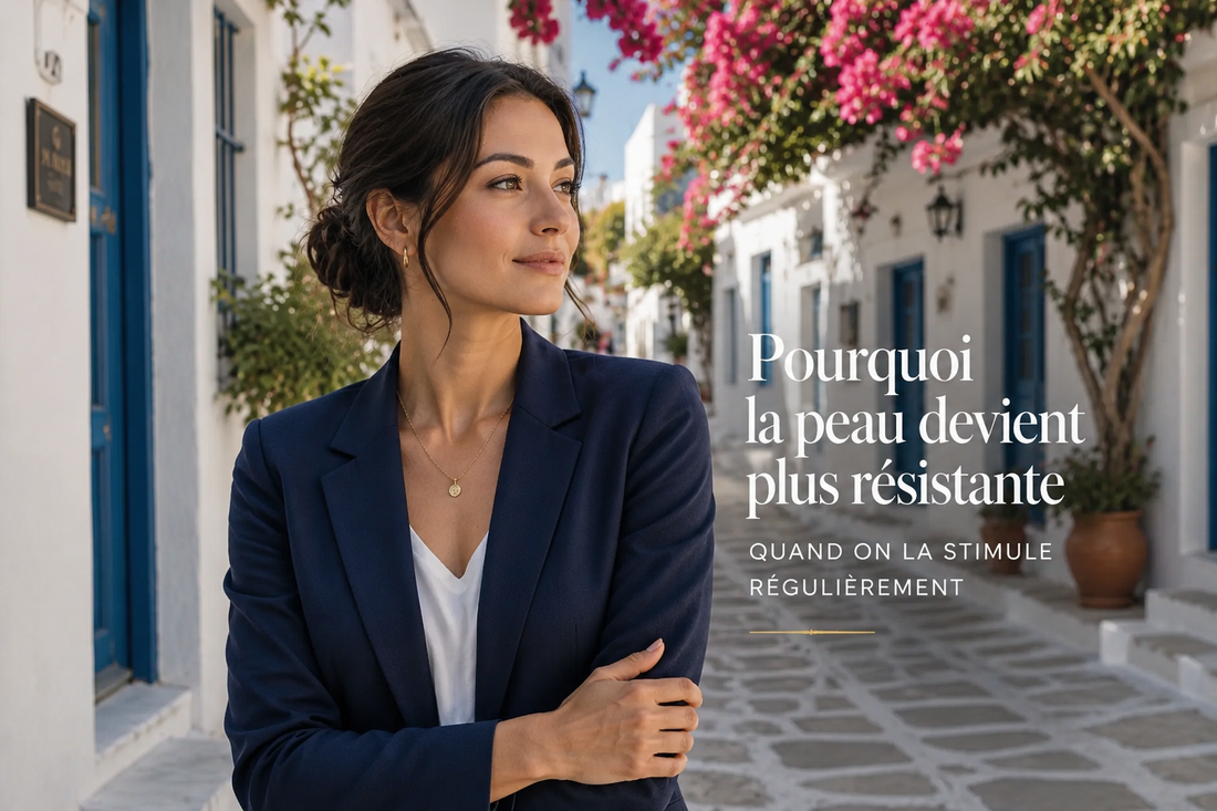 Femme élégante en blazer bleu nuit dans une ruelle méditerranéenne aux maisons blanches et bougainvilliers, illustrant l’adaptation progressive de la peau et sa résistance croissante aux stimulations régulières.