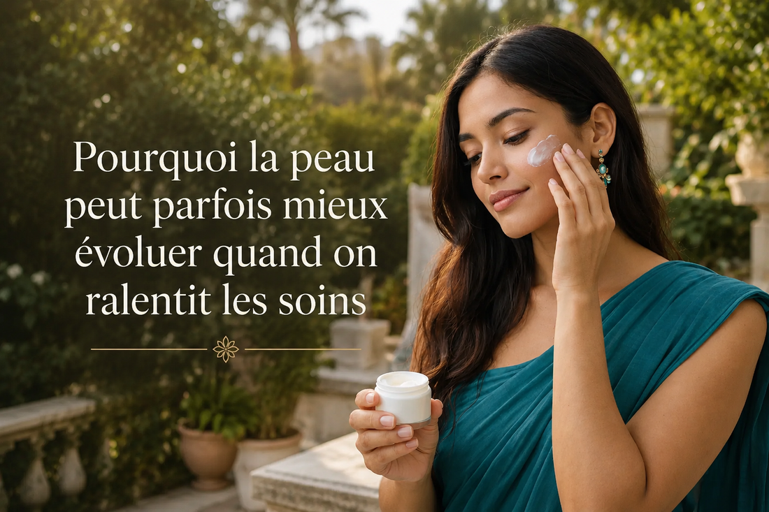 Femme élégante dans un jardin méditerranéen appliquant délicatement une crème visage, illustrant l’équilibre entre stimulation, récupération et adaptation progressive de la peau.