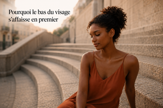 Femme assise sur des marches en pierre illustrant les premiers signes d'un affaissement du bas du visage et d'un ovale moins défini.