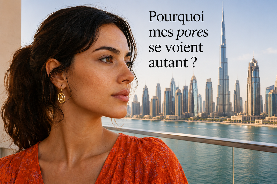 Femme observant son visage devant la skyline de Dubaï, illustrant une peau aux pores visibles malgré une routine de soins régulière.