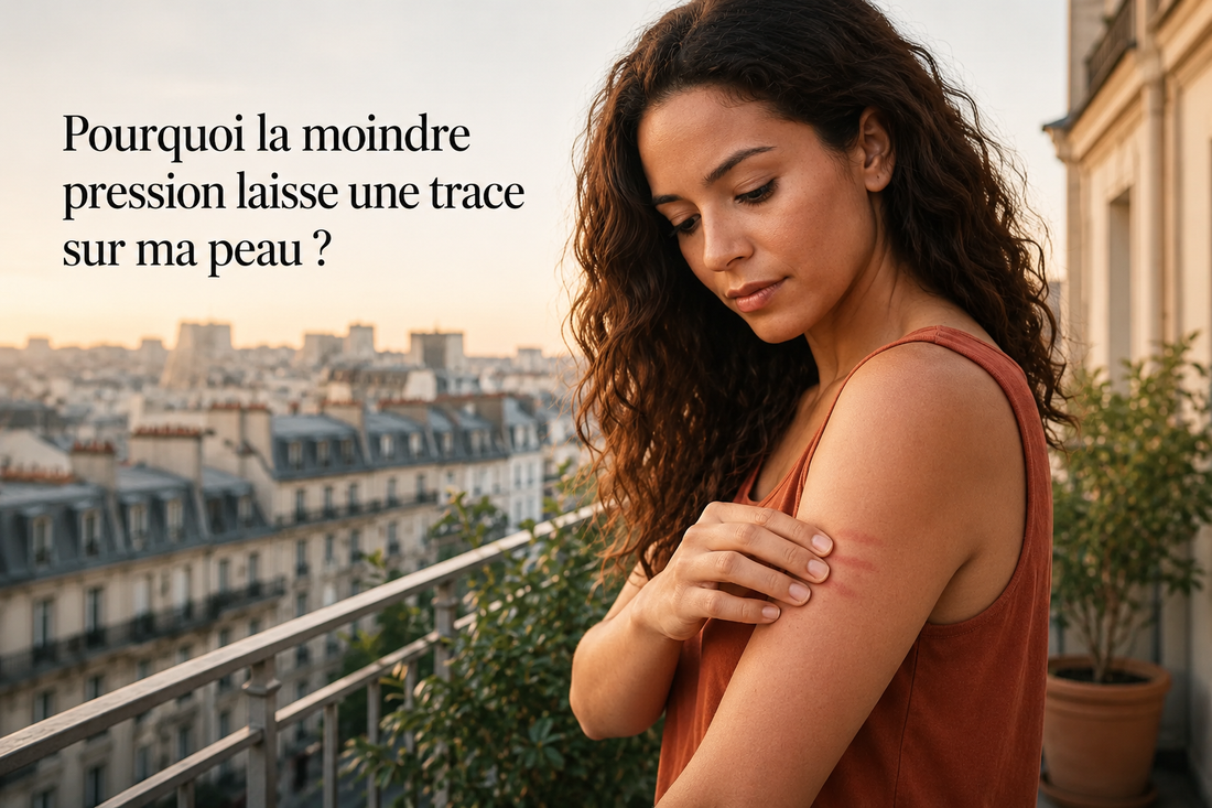 Femme observant une marque de pression sur son bras sur une terrasse en ville illustrant une peau qui garde facilement les empreintes et les traces de contact
