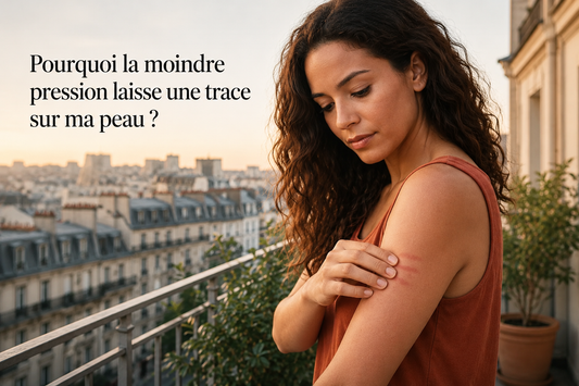 Femme observant une marque de pression sur son bras sur une terrasse en ville illustrant une peau qui garde facilement les empreintes et les traces de contact