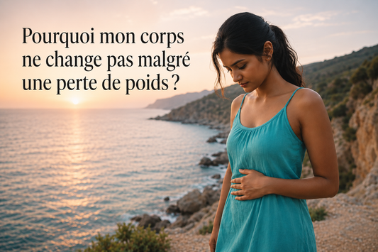 Femme observant sa silhouette après une perte de poids, illustrant pourquoi le corps ne change pas toujours malgré une diminution du poids.