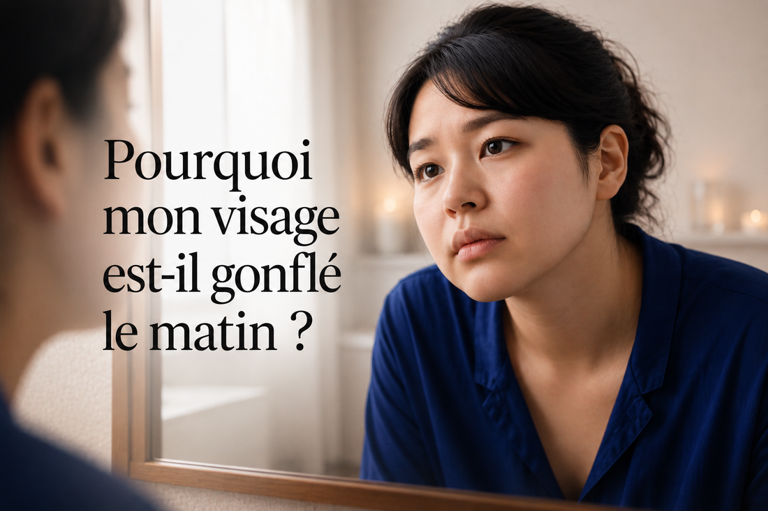 Femme asiatique observant son reflet dans un miroir au réveil, illustrant la sensation de visage gonflé le matin malgré une bonne nuit de sommeil dans un univers beauté premium Bellasteria.