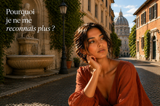 Femme pensive dans une rue historique illustrant la sensation de ne plus se reconnaître dans son visage, article Bellasteria sur les changements d'expression et la perception de soi.