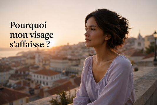 Femme observant l’horizon au coucher du soleil illustrant la perte de fermeté et l’affaissement progressif du visage.