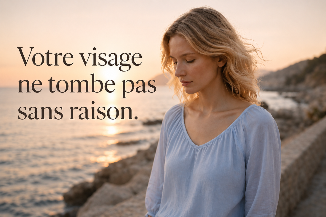 Femme contemplant la mer au coucher du soleil illustrant un visage qui semble perdre en fermeté malgré une routine de soins régulière.