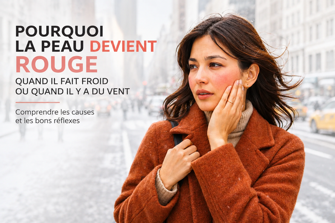 Femme élégante aux joues légèrement rouges exposée au froid et au vent dans une rue hivernale, illustrant les réactions naturelles de la peau face aux variations de température.