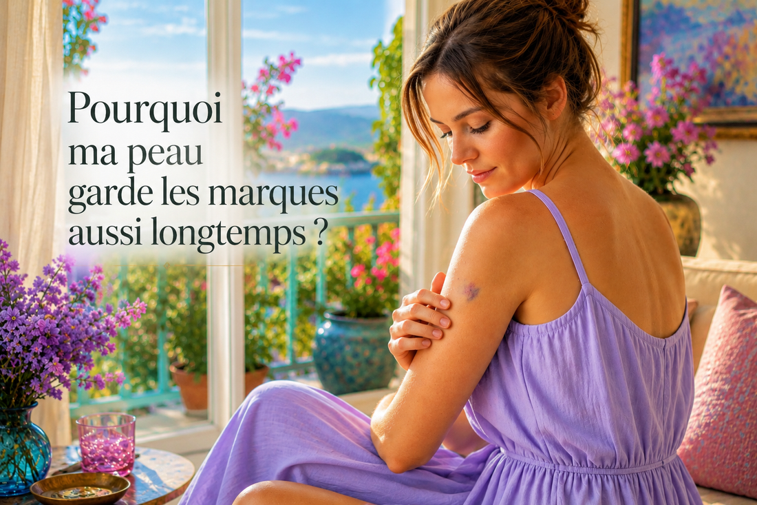 Femme observant un bleu sur son bras pour illustrer pourquoi la peau peut garder certaines marques longtemps avant qu'elles ne s'estompent.