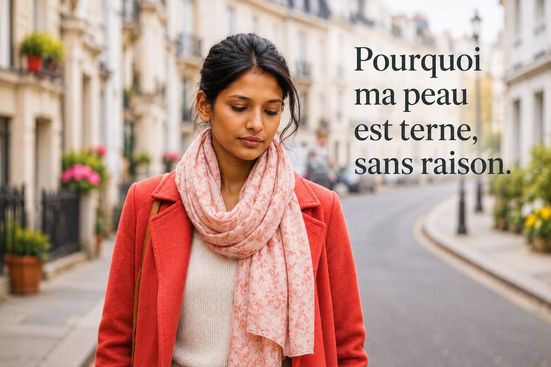 Jeune femme au teint terne dans une rue lumineuse, illustrant les causes d'une peau qui manque d'éclat sans raison apparente.