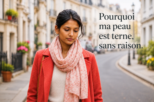 Jeune femme au teint terne dans une rue lumineuse, illustrant les causes d'une peau qui manque d'éclat sans raison apparente.