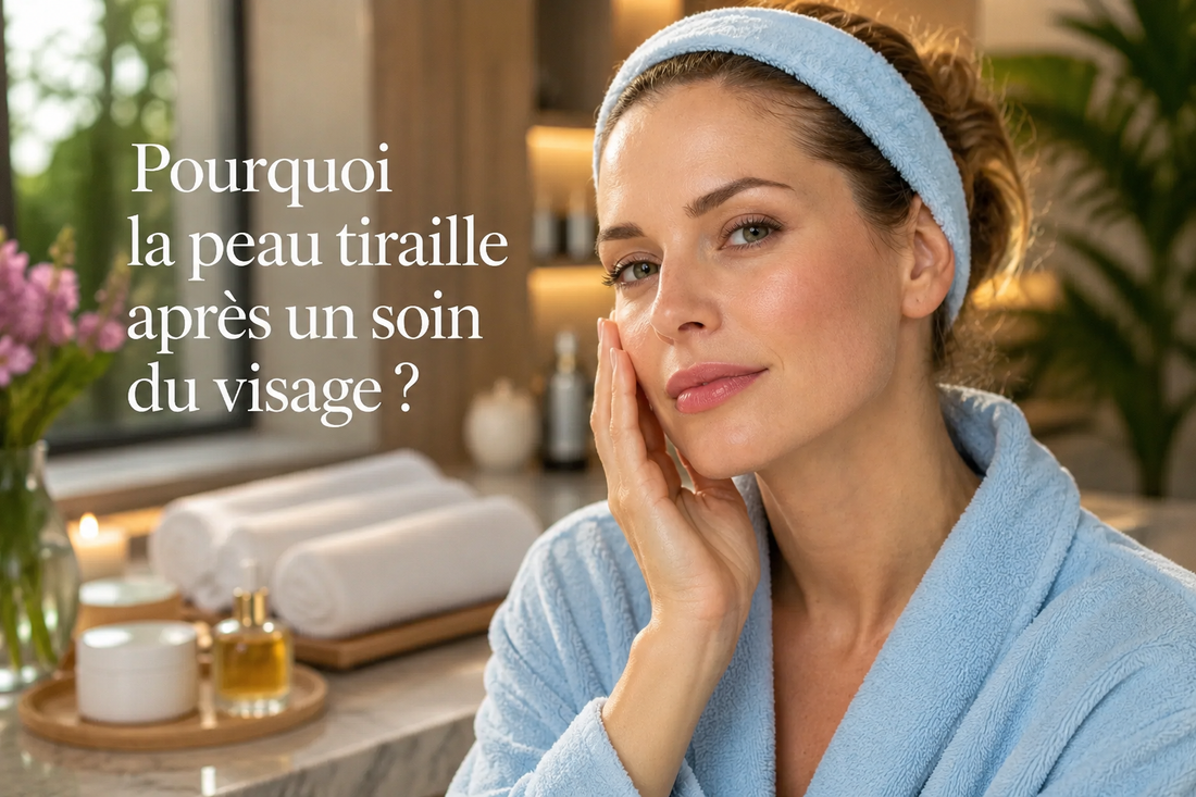 Femme dans un spa observant sa peau après un soin du visage, illustrant une sensation de tiraillement cutané et l’adaptation de la peau après une stimulation
