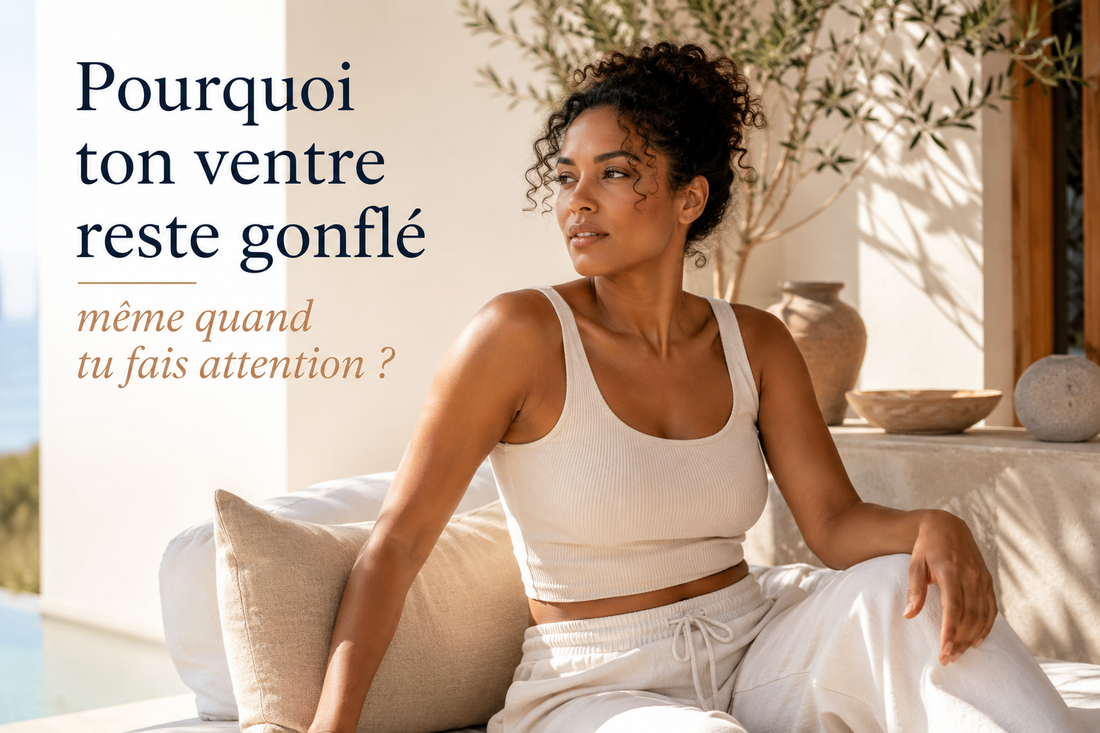 Femme élégante assise dans un intérieur méditerranéen lumineux, illustrant la question d’un ventre qui reste gonflé malgré une alimentation équilibrée et une bonne hygiène de vie.