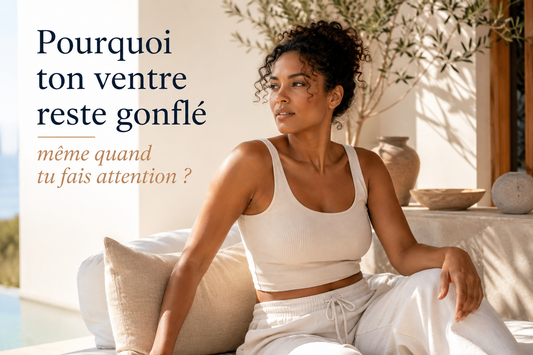 Femme élégante assise dans un intérieur méditerranéen lumineux, illustrant la question d’un ventre qui reste gonflé malgré une alimentation équilibrée et une bonne hygiène de vie.