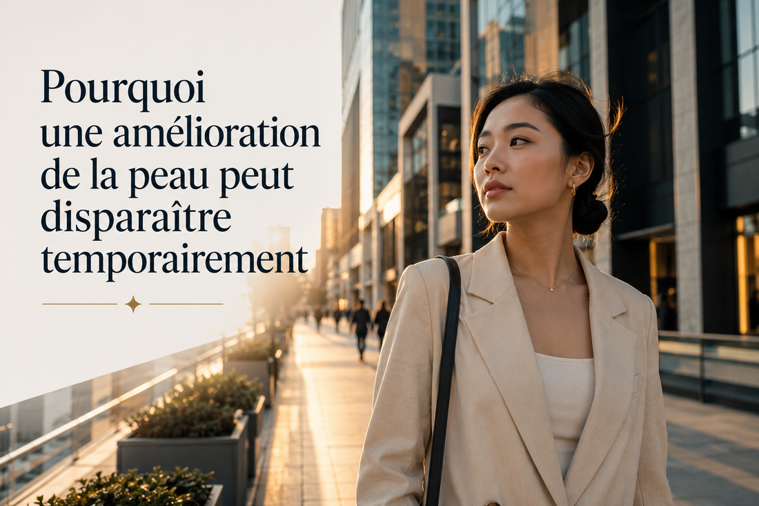 Pourquoi une amélioration de la peau peut disparaître temporairement : femme élégante dans un environnement urbain moderne illustrant les phases d’adaptation et de stabilisation de la peau.