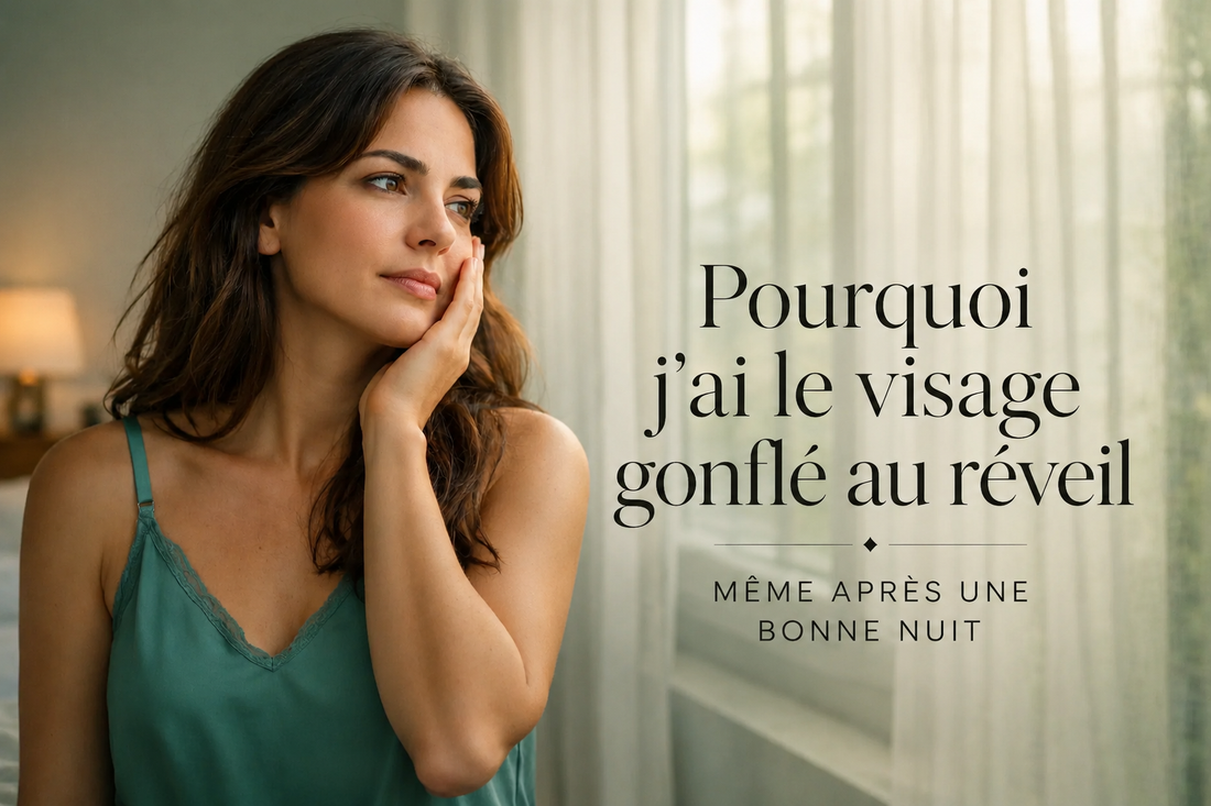 Femme observant son reflet au réveil près d'une fenêtre lumineuse, illustrant la sensation d’un visage gonflé malgré une bonne nuit de sommeil dans un univers beauté premium Bellasteria.