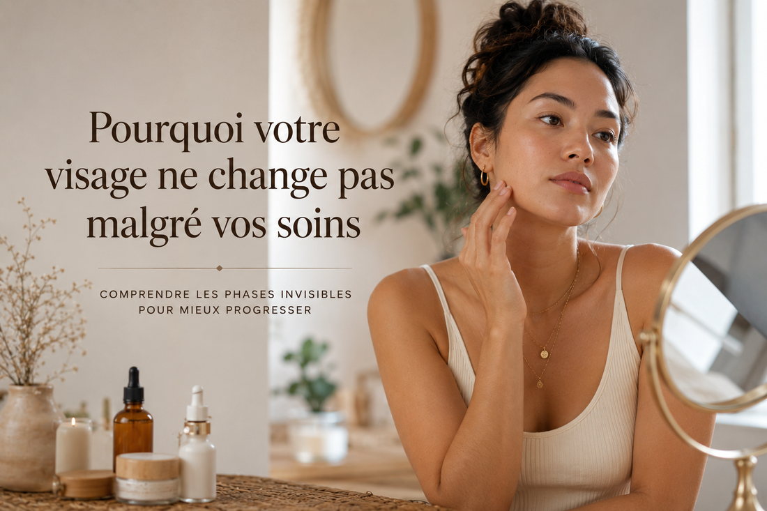 Femme asiatique observant la peau de son visage dans un intérieur lumineux et apaisant pendant une phase de progression cutanée invisible Bellasteria