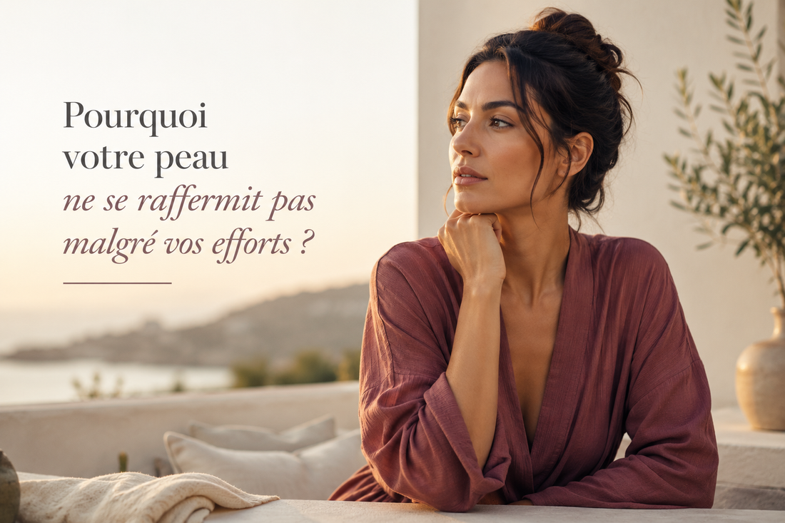 Femme méditerranéenne en tenue prune observant sa peau sur une terrasse lumineuse illustrant une peau qui ne se raffermit pas malgré les efforts et la notion de rythme biologique.