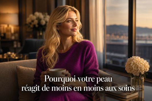 Femme blonde élégante dans le salon d’un hôtel de luxe observant l’extérieur, illustrant l’adaptation progressive de la peau et la diminution des réactions aux soins au fil du temps.