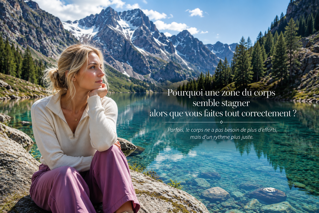 Femme nordique blonde assise au bord d’un lac de montagne lumineux observant calmement son corps et ses résultats malgré une routine régulière de soins et d’efforts.