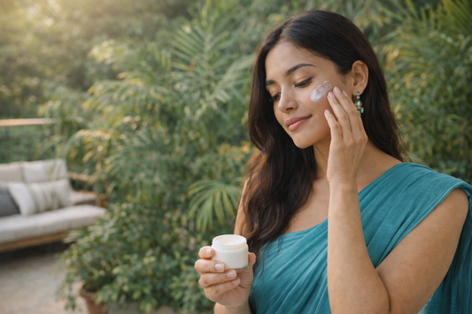 femme indienne appliquant une creme visage sur une terrasse tropicale illustrant comment ralentir les soins peut aider la peau a mieux s adapter