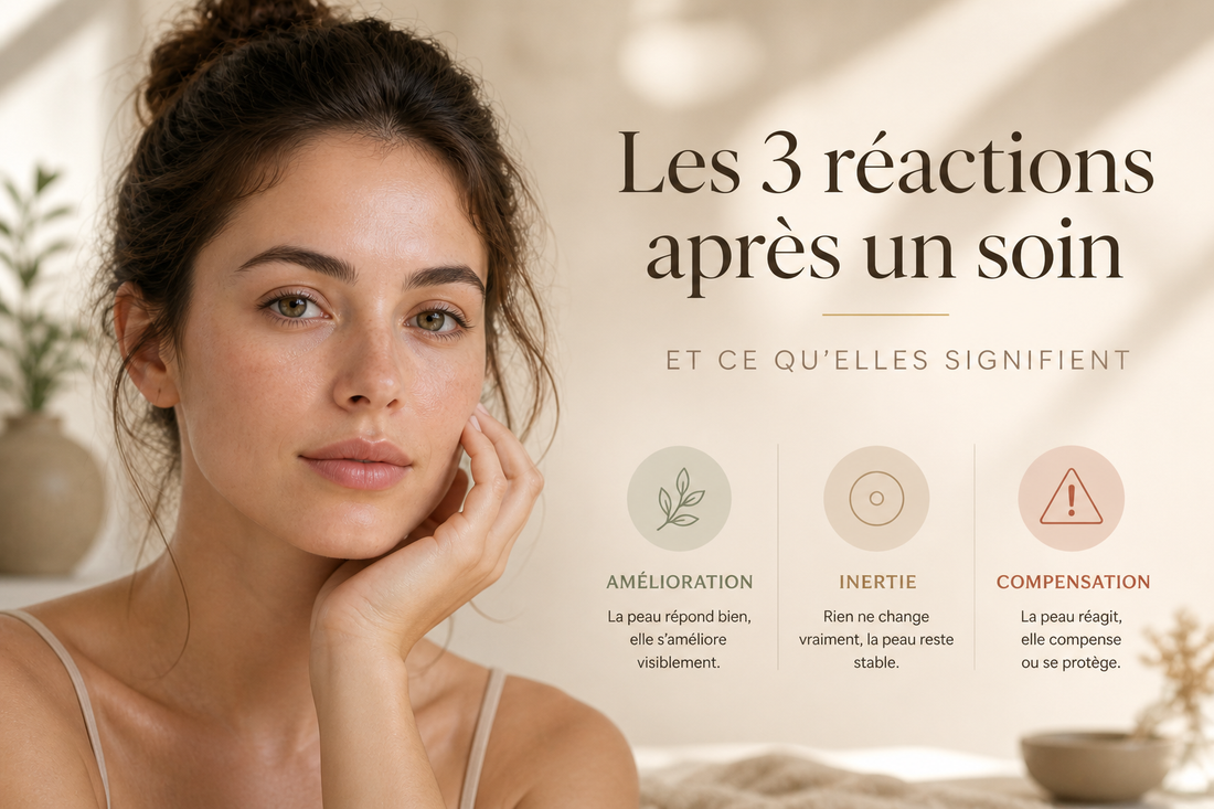 Les trois réactions possibles de la peau après un soin : amélioration, inertie et compensation, avec explication de leur signification