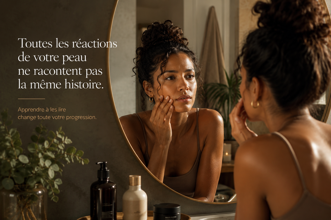 Femme brésilienne observant sa peau dans un miroir dans une salle de bain chaleureuse et éditoriale illustrant les réactions cutanées, la surcharge et l’adaptation de la peau – Bellasteria