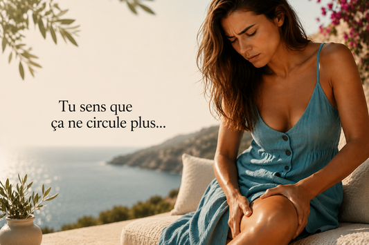 Femme assise en bord de mer illustrant une circulation ralentie et la nécessité de relancer les échanges pour améliorer l'aspect de la peau.