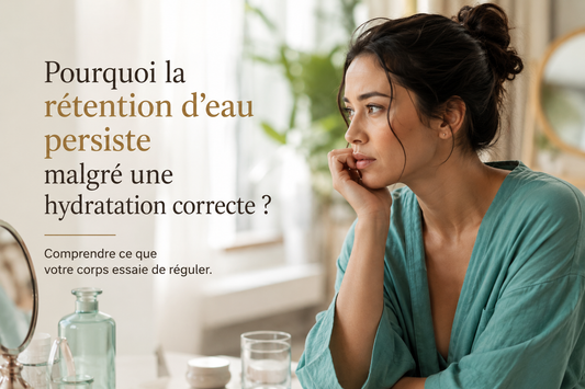 Femme observant son visage et son corps avec calme, illustrant la rétention d’eau persistante malgré une hydratation correcte et la compréhension des signaux du corps.
