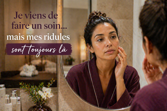 Femme sud-américaine observant ses ridules dans un miroir après un soin du visage dans un spa peau lumineuse et réaliste