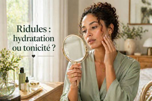 Femme métisse observant ses ridules dans un miroir pour comprendre si elles sont dues à un manque d’hydratation ou de tonicité lumière naturelle