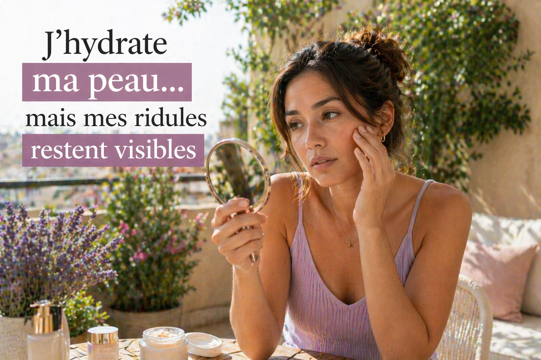 Femme observant les ridules de son visage sur une terrasse après application de soin peau hydratée lumière naturelle