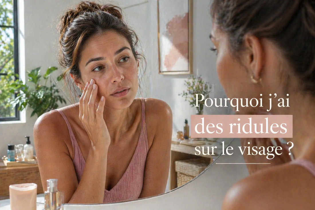 Femme observant les ridules sur son visage dans un miroir lumière naturelle peau lumineuse et réaliste