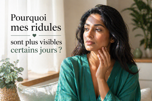 Femme indienne observant son visage avec ridules visibles selon la lumière naturelle près d’une fenêtre peau réaliste et lumineuse