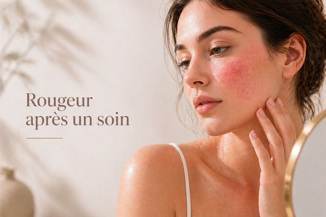 Femme observant une rougeur sur sa joue après un soin visage, réaction cutanée naturelle