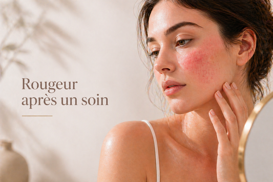 Femme observant une rougeur sur sa joue après un soin visage, réaction cutanée naturelle