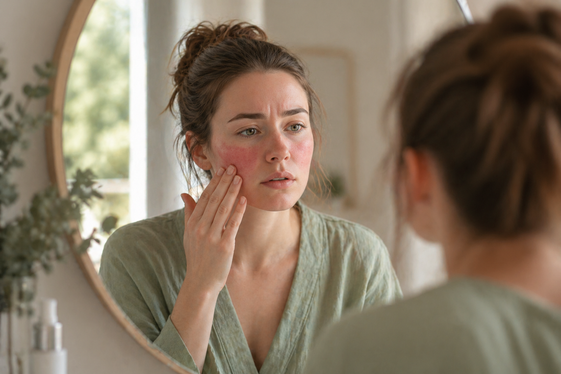 Femme observant des rougeurs sur son visage devant un miroir dans une lumière naturelle douce