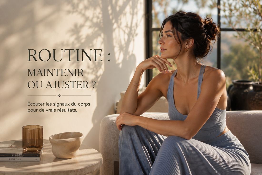 Femme brune en tenue bleu ciel dans un intérieur lumineux observant calmement son corps pour illustrer l’ajustement d’une routine Bellasteria.