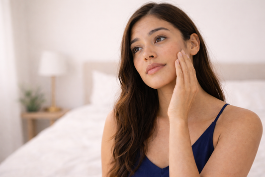 femme observant sa peau du visage illustrant les cycles biologiques et l'évolution non linéaire de la peau
