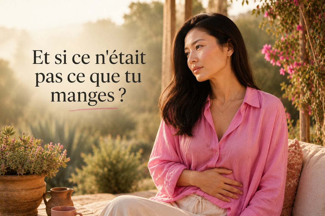 Femme réfléchissant à la cause de son ventre gonflé dans un environnement naturel, illustration des ballonnements non liés uniquement à l’alimentation.