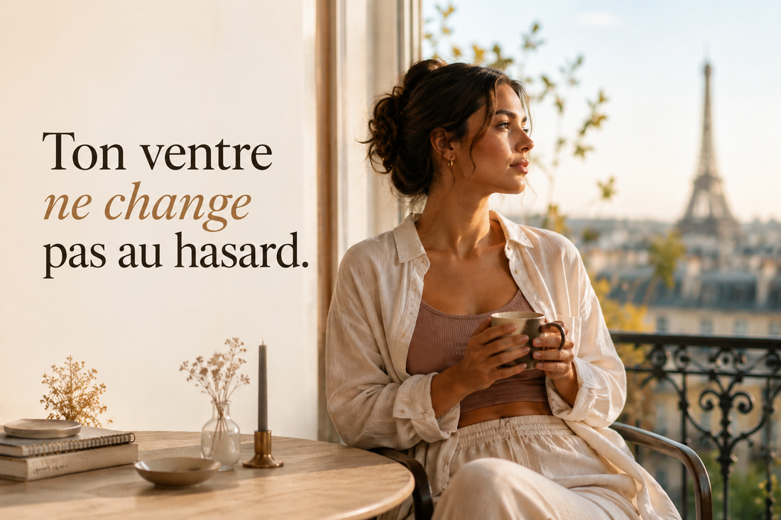Femme élégante assise sur un balcon parisien observant les variations de son ventre selon les jours dans une ambiance douce et lumineuse