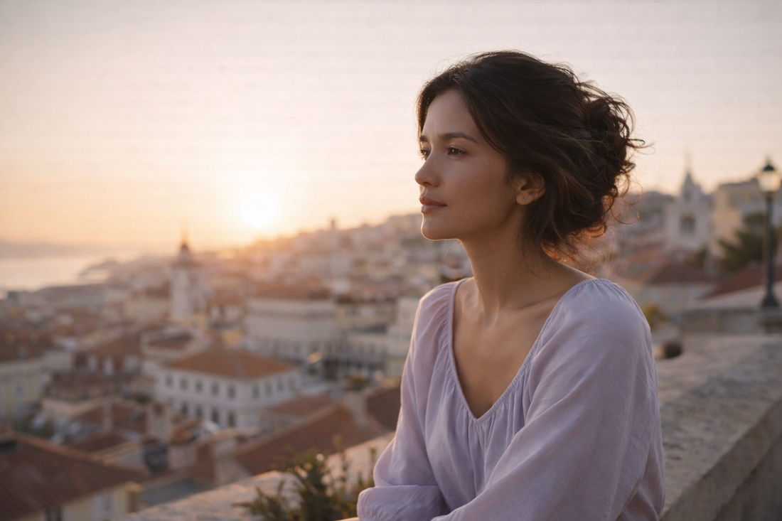 Femme sur une terrasse en ville observant son visage avec un regard introspectif, illustrant un visage qui semble s’affaisser
