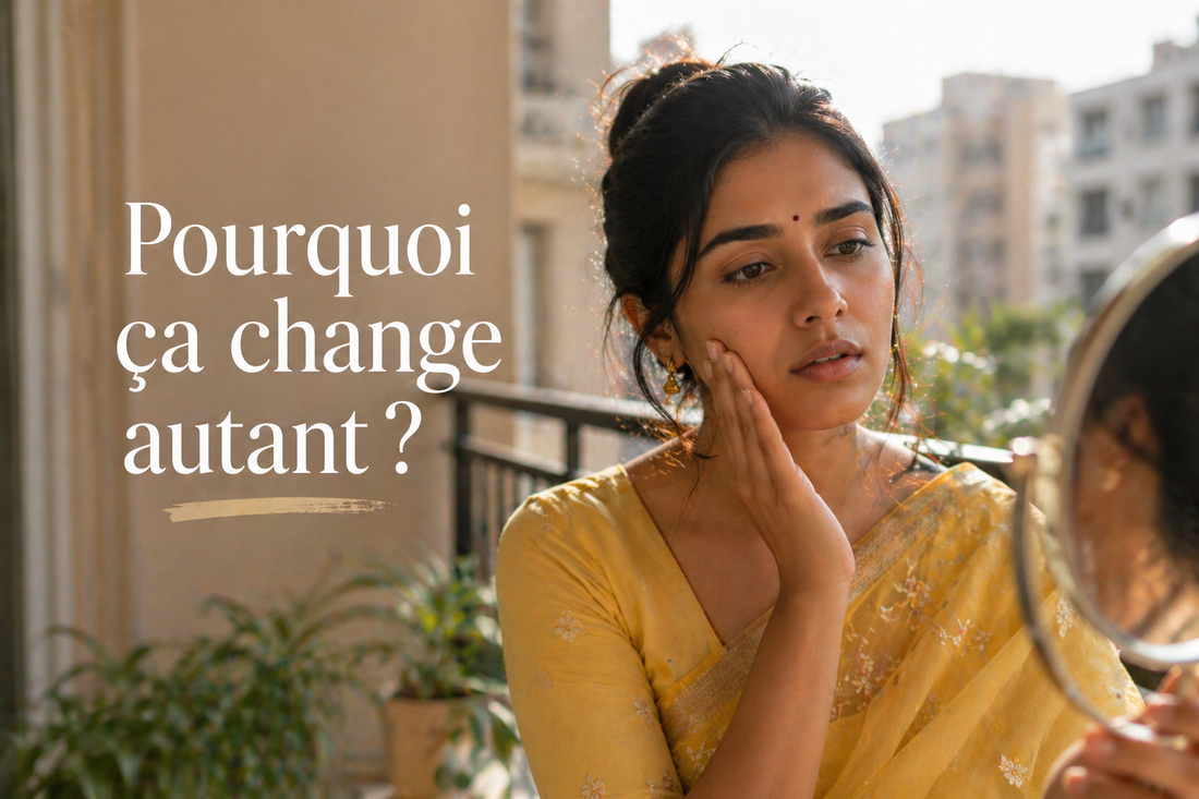 Femme indienne sur un balcon observant son visage qui change de volume d’un jour à l’autre à la lumière naturelle