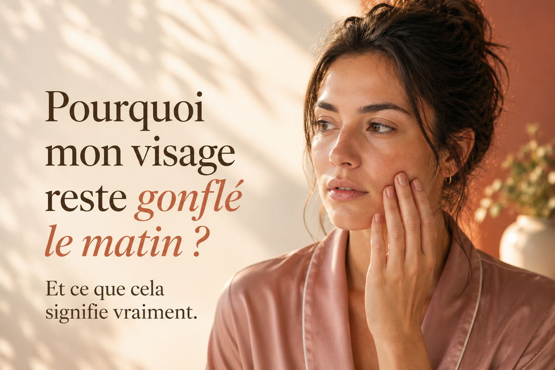 Femme observant son visage gonflé au réveil devant un miroir, illustrant les causes possibles d'un visage gonflé le matin.
